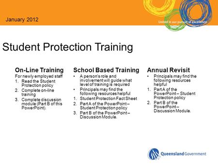 Student Protection Training On-Line Training For newly employed staff 1.Read the Student Protection policy 2.Complete on-line training 3.Complete discussion.