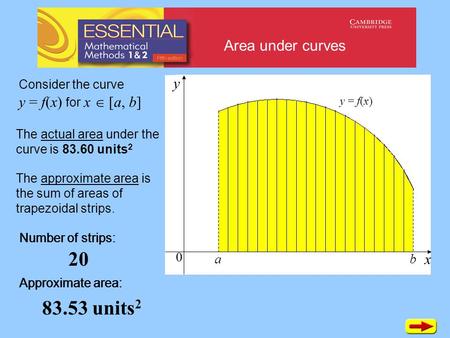 Area under curves Consider the curve y = f(x) for x  [a, b] The actual area under the curve is 83.60 units 2 The approximate area is the sum of areas.