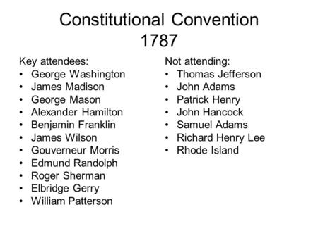 Constitutional Convention 1787 Key attendees: George Washington James Madison George Mason Alexander Hamilton Benjamin Franklin James Wilson Gouverneur.