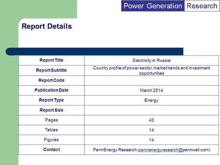 BI Marketing Analyst input into report marketing Report TitleElectricity in Russia Report Subtitle Country profile of power sector, market trends and investment.