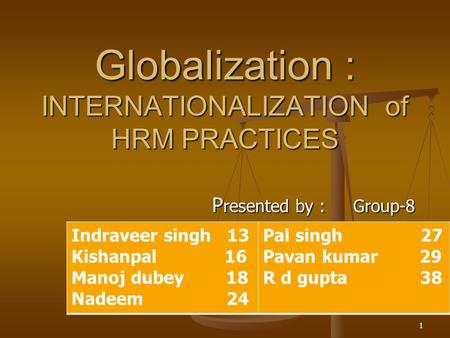 Globalization : INTERNATIONALIZATION of HRM PRACTICES P resented by : Group-8 1 Indraveer singh 13 Kishanpal 16 Manoj dubey 18 Nadeem 24 Pal singh 27 Pavan.