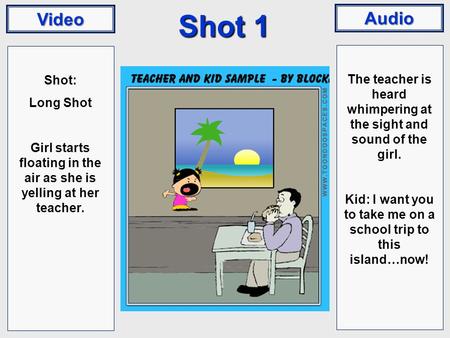 Video Audio Shot 1 Shot: Long Shot Girl starts floating in the air as she is yelling at her teacher. The teacher is heard whimpering at the sight and sound.
