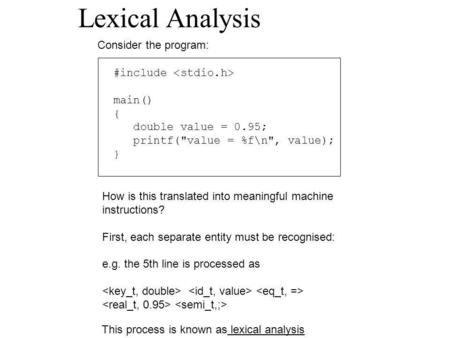 Lexical Analysis Consider the program: #include main() { double value = 0.95; printf(value = %f\n, value); } How is this translated into meaningful machine.