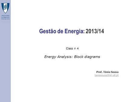 Gestão de Energia: 2013/14 Class # 4 Energy Analysis: Block diagrams Prof. Tânia Sousa