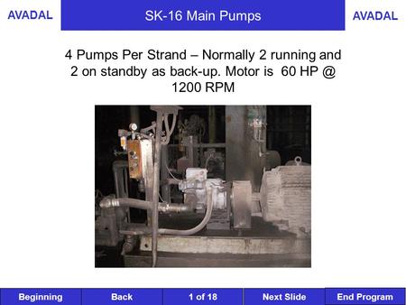 BeginningNext SlideBack End Program AVADAL 1 of 18 SK-16 Main Pumps 4 Pumps Per Strand – Normally 2 running and 2 on standby as back-up. Motor is 60 HP.