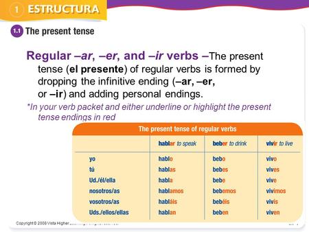 Copyright © 2008 Vista Higher Learning. All rights reserved. 1.1–1 Regular –ar, –er, and –ir verbs – The present tense (el presente) of regular verbs is.