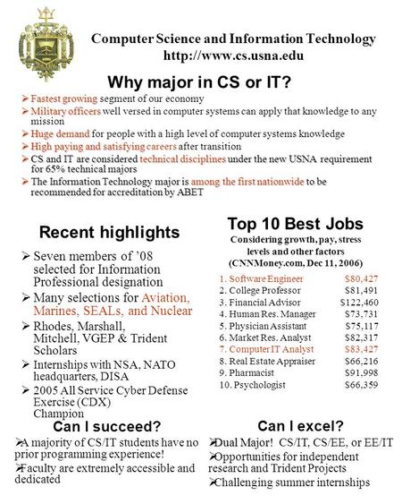 Why major in CS or IT?  Fastest growing  Fastest growing segment of our economy  Military officers  Military officers well versed in computer systems.