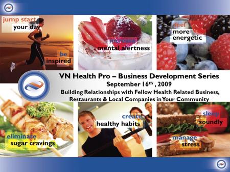 VN Health Pro – Business Development Series September 16 th, 2009 Building Relationships with Fellow Health Related Business, Restaurants & Local Companies.