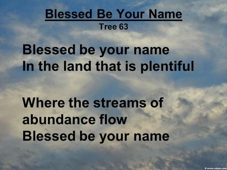 Blessed Be Your Name Tree 63 Blessed be your name In the land that is plentiful Where the streams of abundance flow Blessed be your name.