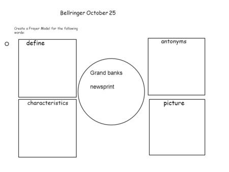 Bellringer October 25 Create a Frayer Model for the following words: Grand banks newsprint define characteristics antonyms picture.