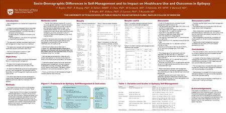 Socio-Demographic Differences in Self-Management and its Impact on Healthcare Use and Outcomes in Epilepsy C Begley, PhD 1 ; R Shegog, PhD 1 ; K Talluri,