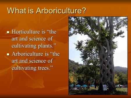 1 What is Arboriculture? Horticulture is “the art and science of cultivating plants.” Horticulture is “the art and science of cultivating plants.” Arboriculture.