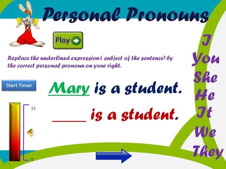 Personal Pronouns I You She Mary is a student. He It