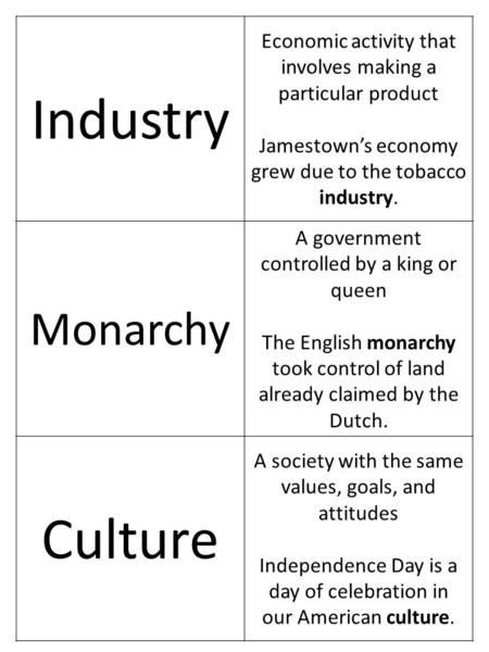 Industry Economic activity that involves making a particular product Jamestown’s economy grew due to the tobacco industry. Monarchy A government controlled.