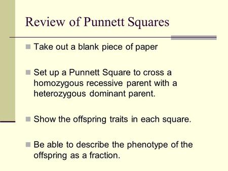 Review of Punnett Squares Take out a blank piece of paper Set up a Punnett Square to cross a homozygous recessive parent with a heterozygous dominant parent.