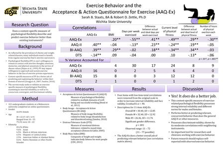 Exercise Behavior and the Acceptance & Action Questionnaire for Exercise (AAQ-Ex) Sarah B. Staats, BA & Robert D. Zettle, Ph.D Wichita State University.