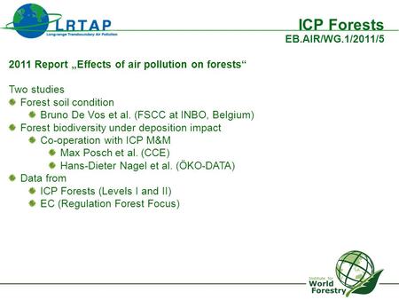 ICP Forests EB.AIR/WG.1/2011/5 2011 Report „Effects of air pollution on forests“ Two studies Forest soil condition Bruno De Vos et al. (FSCC at INBO, Belgium)