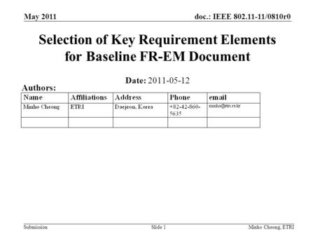 Doc.: IEEE 802.11-11/0810r0 Submission May 2011 Minho Cheong, ETRISlide 1 Selection of Key Requirement Elements for Baseline FR-EM Document Date: 2011-05-12.