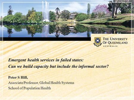 Emergent health services in failed states: Can we build capacity but include the informal sector? Peter S Hill, Associate Professor, Global Health Systems.