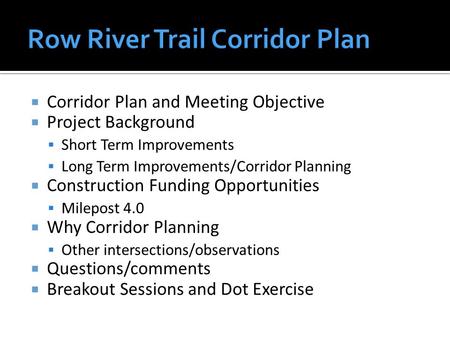  Corridor Plan and Meeting Objective  Project Background  Short Term Improvements  Long Term Improvements/Corridor Planning  Construction Funding.