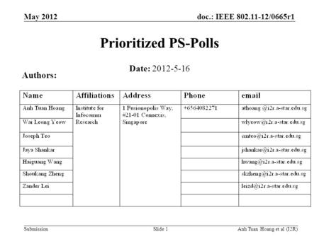 Doc.: IEEE 802.11-12/0665r1 Submission May 2012 Anh Tuan Hoang et al (I2R) Slide 1 Prioritized PS-Polls Date: 2012-5-16 Authors: