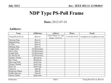 NDP Type PS-Poll Frame Date: Authors: July 2012 Month Year