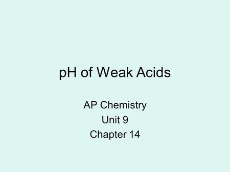 PH of Weak Acids AP Chemistry Unit 9 Chapter 14. Strengths of Acids and Bases “Strength” refers to how much an acid or base ionizes in a solution. STRONGWEAK.
