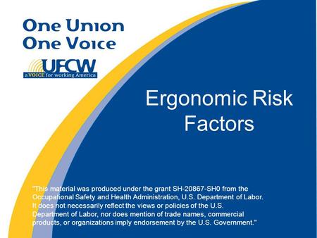 Ergonomic Risk Factors This material was produced under the grant SH-20867-SH0 from the Occupational Safety and Health Administration, U.S. Department.