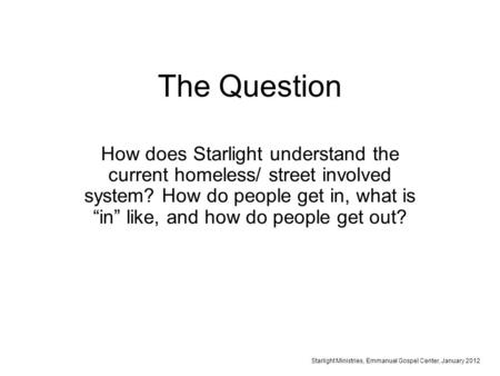 The Question How does Starlight understand the current homeless/ street involved system? How do people get in, what is “in” like, and how do people get.
