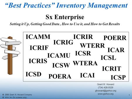   2006 Grant W. Howard Company   Infor, Inc (Sx screens only) 1 “Best Practices” Inventory Management Grant W. Howard (734) 428-0529