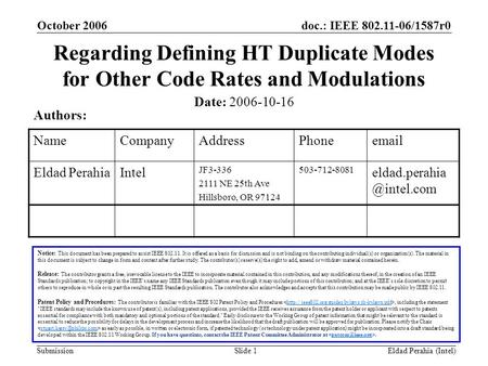 Doc.: IEEE 802.11-06/1587r0 Submission October 2006 Eldad Perahia (Intel)Slide 1 Regarding Defining HT Duplicate Modes for Other Code Rates and Modulations.