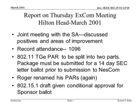 Doc.: IEEE 802.15-01/247r0 Submission March 2001 Robert F. HeileSlide 1 Report on Thursday ExCom Meeting Hilton Head-March 2001 Joint meeting with the.