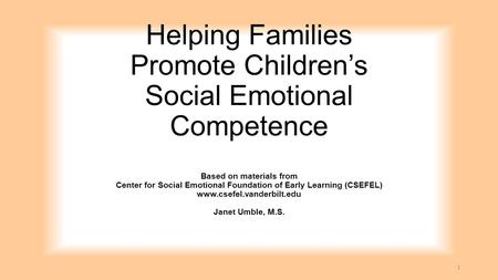 Helping Families Promote Children’s Social Emotional Competence Based on materials from Center for Social Emotional Foundation of Early Learning (CSEFEL)