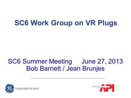 SC6 Work Group on VR Plugs SC6 Summer Meeting June 27, 2013 Bob Barnett / Jean Brunjes.