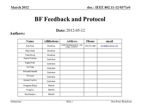 Doc.: IEEE 802.11-12/0371r0 Submission March 2012 Ron Porat, Broadcom BF Feedback and Protocol Date: 2012-03-12 Authors: Slide 1.