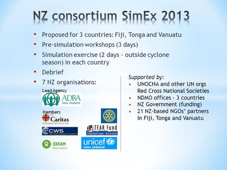 Proposed for 3 countries: Fiji, Tonga and Vanuatu Pre-simulation workshops (3 days) Simulation exercise (2 days – outside cyclone season) in each country.