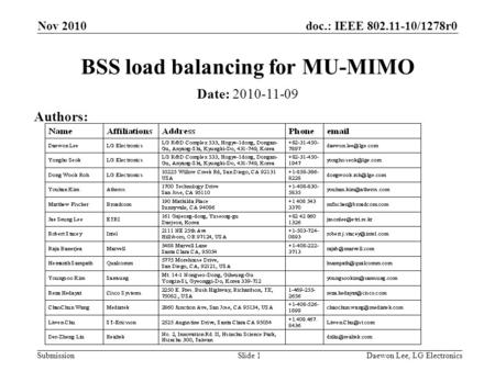 Doc.: IEEE 802.11-10/1278r0 Submission BSS load balancing for MU-MIMO Date: 2010-11-09 Authors: Nov 2010 Slide 1Daewon Lee, LG Electronics.