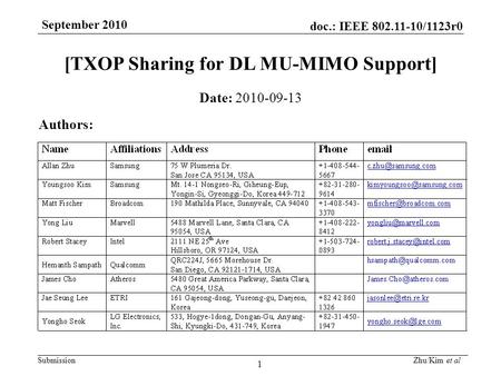 Doc.: IEEE 802.11-10/1123r0 Submission September 2010 Zhu/Kim et al 1 Date: 2010-09-13 Authors: [TXOP Sharing for DL MU-MIMO Support]