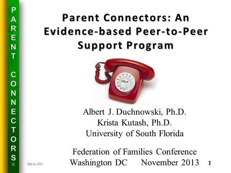 Parent Connectors: An Evidence-based Peer-to-Peer Support Program Albert J. Duchnowski, Ph.D. Krista Kutash, Ph.D. University of South Florida Federation.