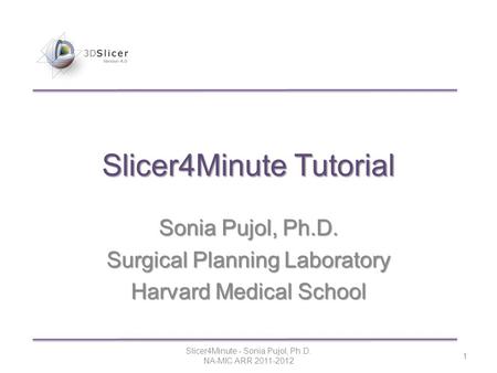 Slicer4Minute Tutorial Sonia Pujol, Ph.D. Surgical Planning Laboratory Harvard Medical School Slicer4Minute - Sonia Pujol, Ph.D. NA-MIC ARR 2011-2012 1.