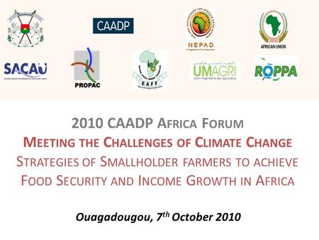 2010 CAADP A FRICA F ORUM M EETING THE C HALLENGES OF C LIMATE C HANGE S TRATEGIES OF S MALLHOLDER FARMERS TO ACHIEVE F OOD S ECURITY AND I NCOME G ROWTH.
