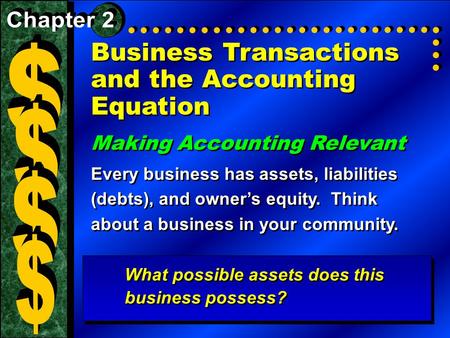 Business Transactions and the Accounting Equation Making Accounting Relevant Every business has assets, liabilities (debts), and owner’s equity. Think.