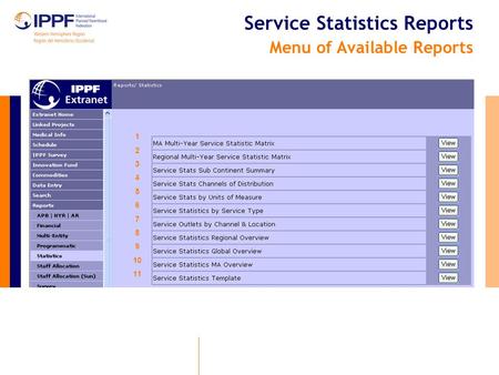 Service Statistics Reports Menu of Available Reports 1 2 3 4 5 6 7 8 9 10 11.