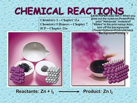 CHEMICAL REACTIONS Reactants: Zn + I2 Product: Zn I2