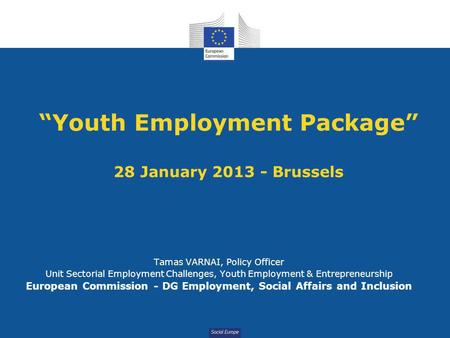 Social Europe “Youth Employment Package” 28 January 2013 - Brussels Tamas VARNAI, Policy Officer Unit Sectorial Employment Challenges, Youth Employment.