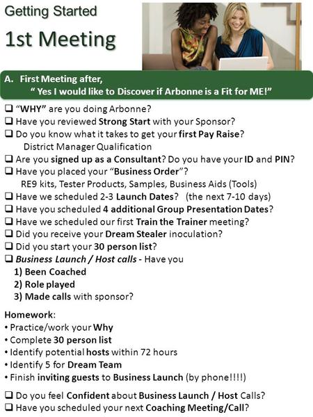 A.First Meeting after, “ Yes I would like to Discover if Arbonne is a Fit for ME!”  “WHY” are you doing Arbonne?  Have you reviewed Strong Start with.