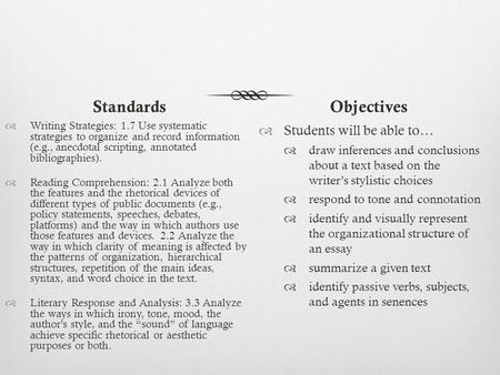 Standards  Writing Strategies: 1.7 Use systematic strategies to organize and record information (e.g., anecdotal scripting, annotated bibliographies).