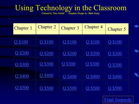 Using Technology in the Classroom Content by: Tara Geidel Template Design by: Mark Geary Chapter 1 Chapter 2 Chapter 3 Chapter 4 Chapter 5 Q $100 Q $200.