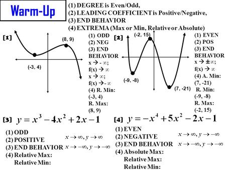 Warm-Up DEGREE is Even/Odd, LEADING COEFFICIENT is Positive/Negative,