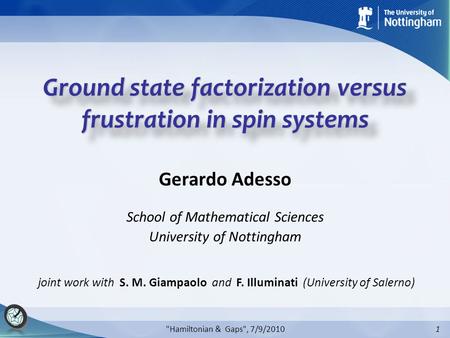 1 Ground state factorization versus frustration in spin systems Gerardo Adesso School of Mathematical Sciences University of Nottingham joint work with.